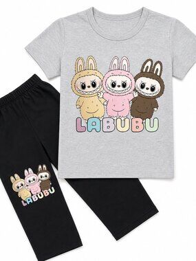 Kawaii Style Lounge Set – Gray Top & Black Bottoms